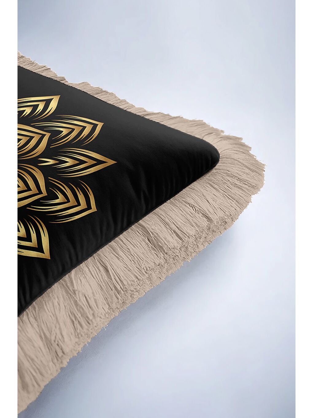 Karışık Lüks Mandala Motifli Saçaklı Yastık Kılıfı - Geometrik Bohem Siyah Gold Renk Püsküllü Kırlent Kılıfı-6