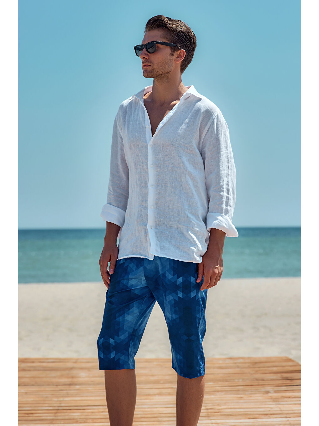 Erkek Havuz Deniz Uzun Kapri Şort Mayo RK001 Mavi-1