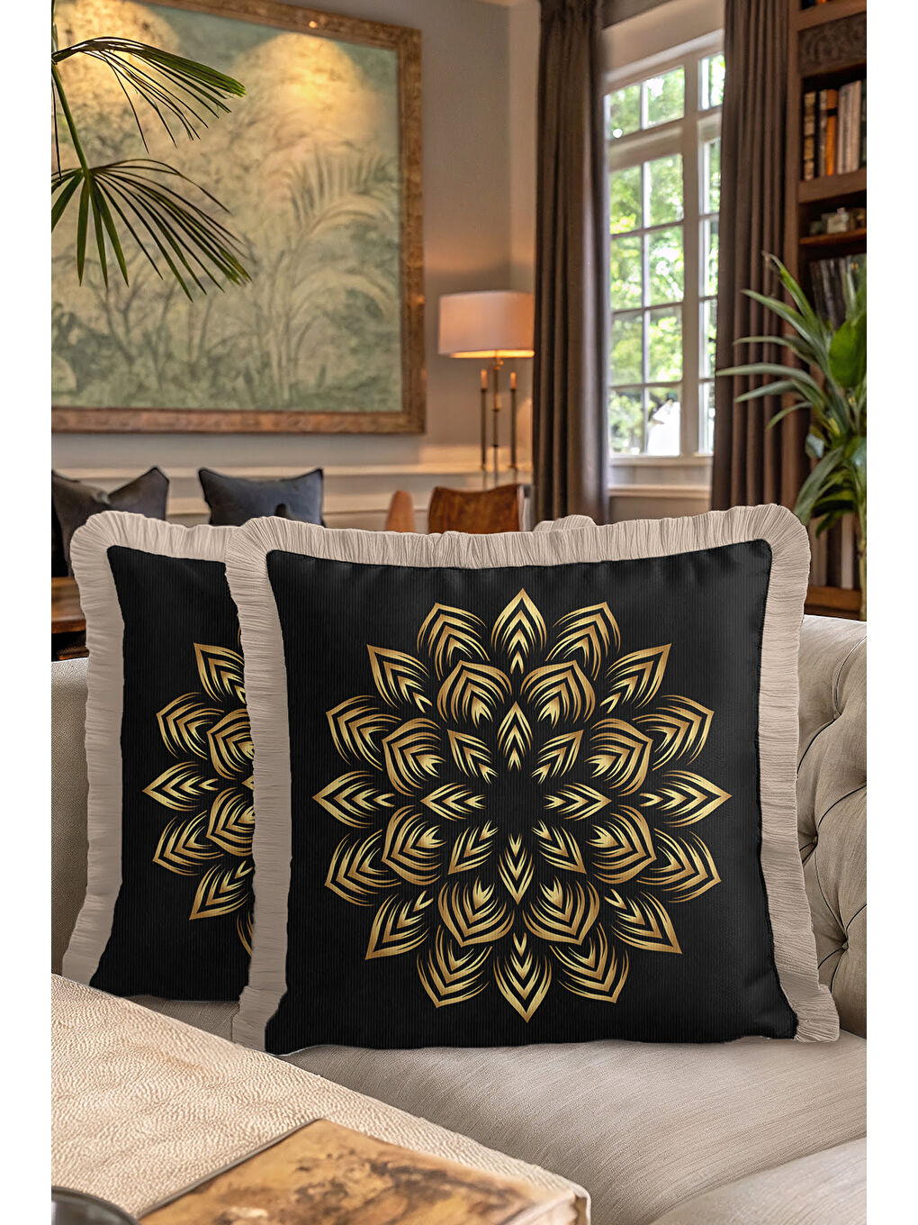 Karışık Lüks Mandala Motifli Saçaklı Yastık Kılıfı - Geometrik Bohem Siyah Gold Renk Püsküllü Kırlent Kılıfı-7