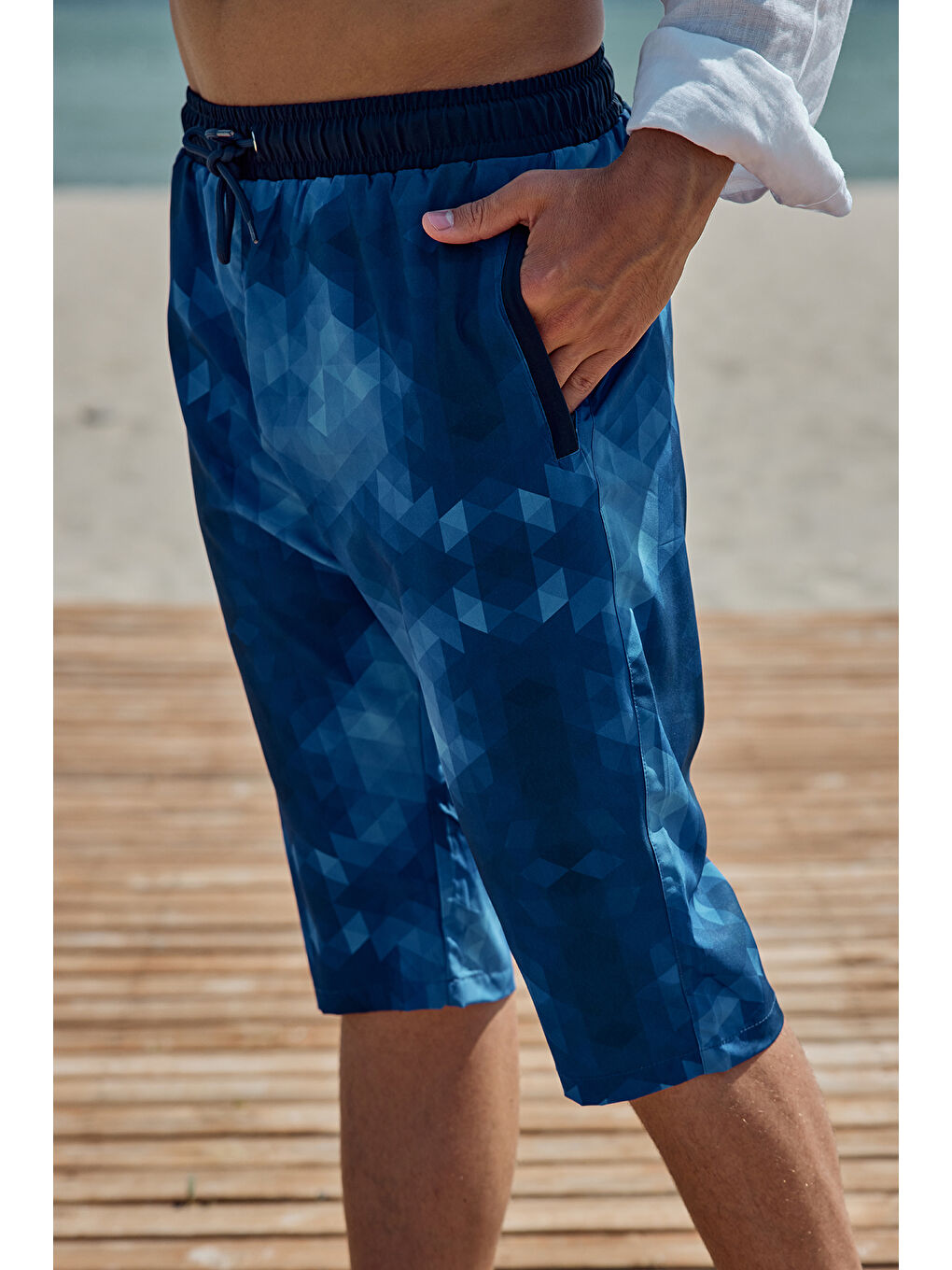 Erkek Havuz Deniz Uzun Kapri Şort Mayo RK001 Mavi-2