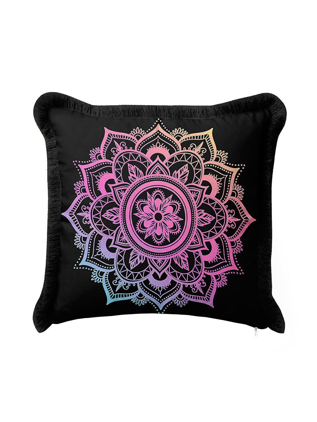 Karışık Mandala Saçaklı Yastık Kılıfı - Bohem Geçiş Renkli Siyah Püsküllü Kırlent Kılıfı-1