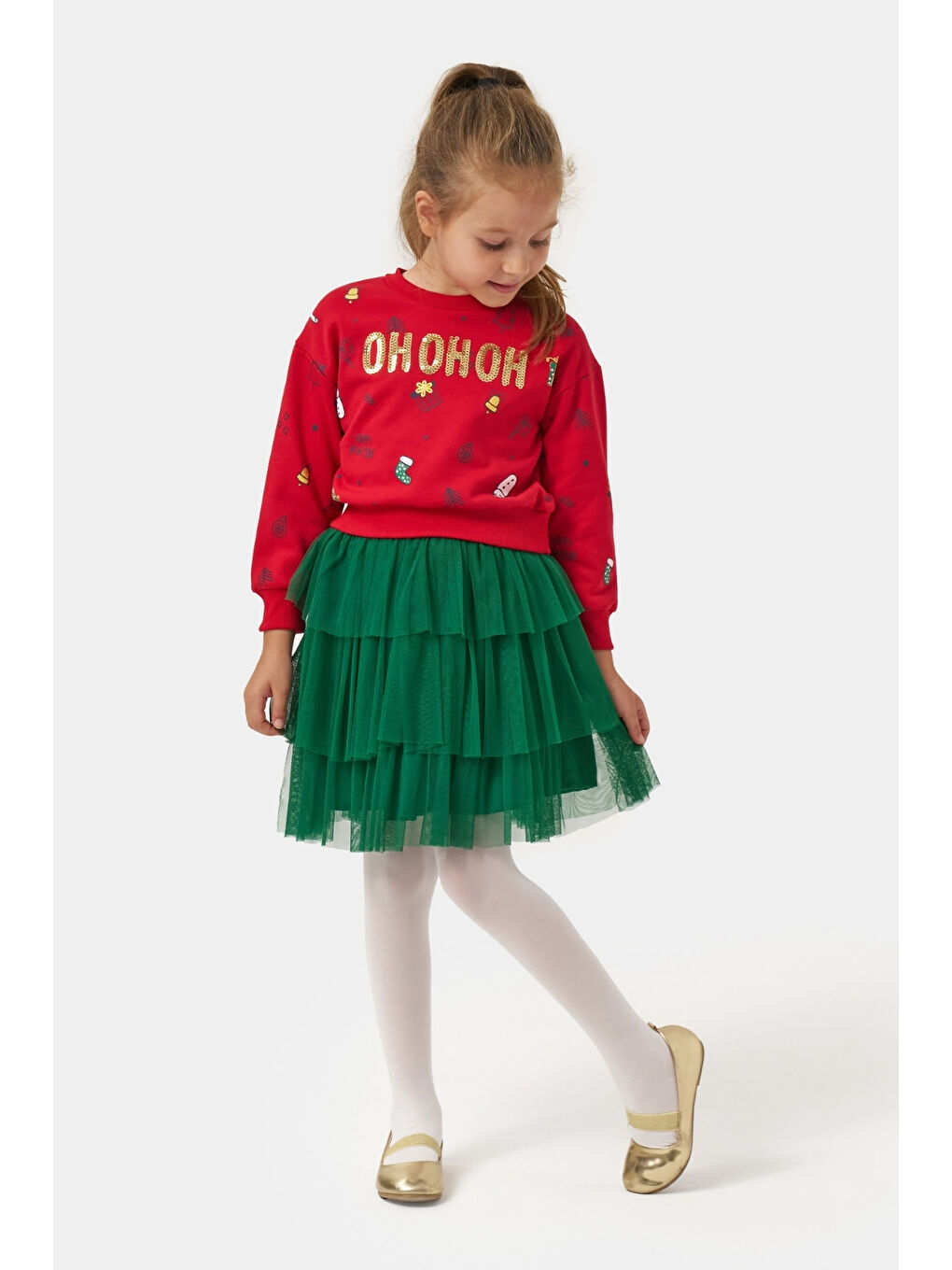 Yeşil Yılbaşı Temalı Kız Çocuk İkili Takım - Judy-1