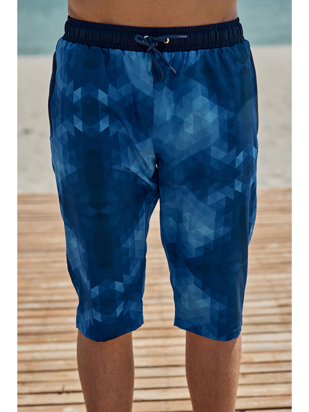 Erkek Havuz Deniz Uzun Kapri Şort Mayo RK001 Mavi-4