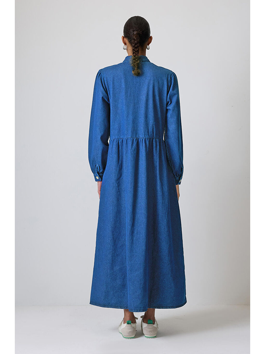 Mavi Cep Detaylı Denim Elbise-3