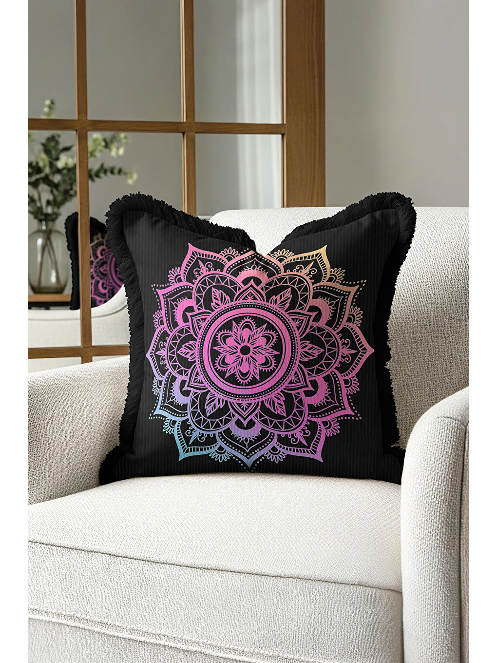 Karışık Mandala Saçaklı Yastık Kılıfı - Bohem Geçiş Renkli Siyah Püsküllü Kırlent Kılıfı-2