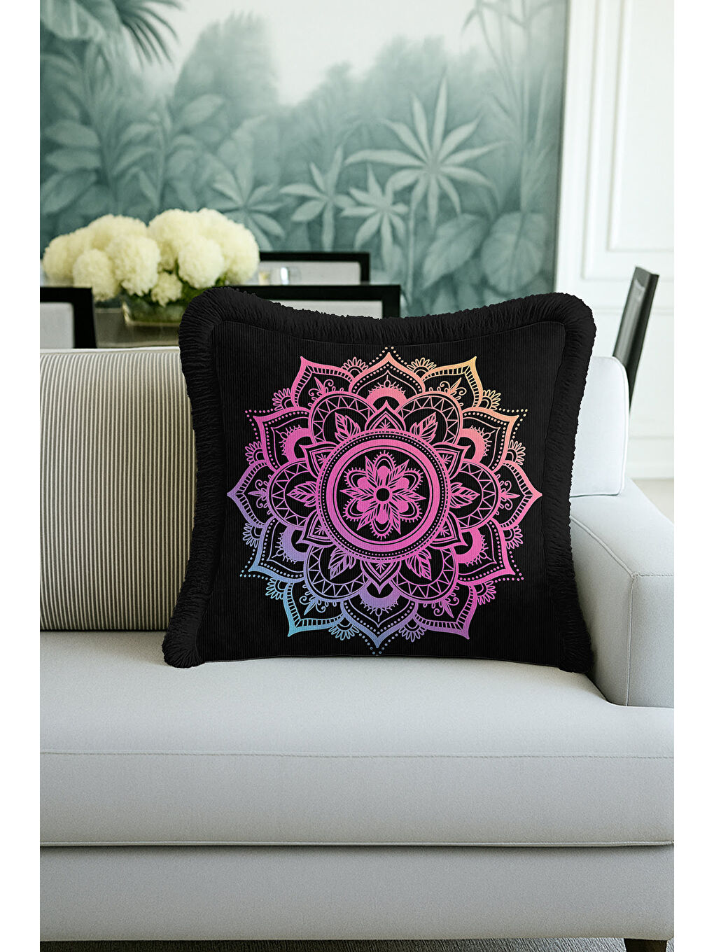 Karışık Mandala Saçaklı Yastık Kılıfı - Bohem Geçiş Renkli Siyah Püsküllü Kırlent Kılıfı-3