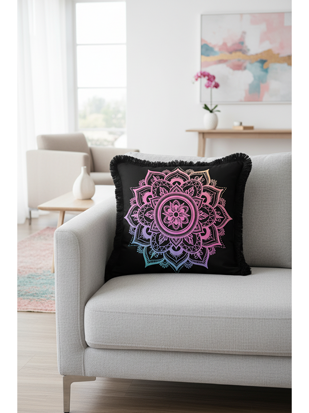 Karışık Mandala Saçaklı Yastık Kılıfı - Bohem Geçiş Renkli Siyah Püsküllü Kırlent Kılıfı-4