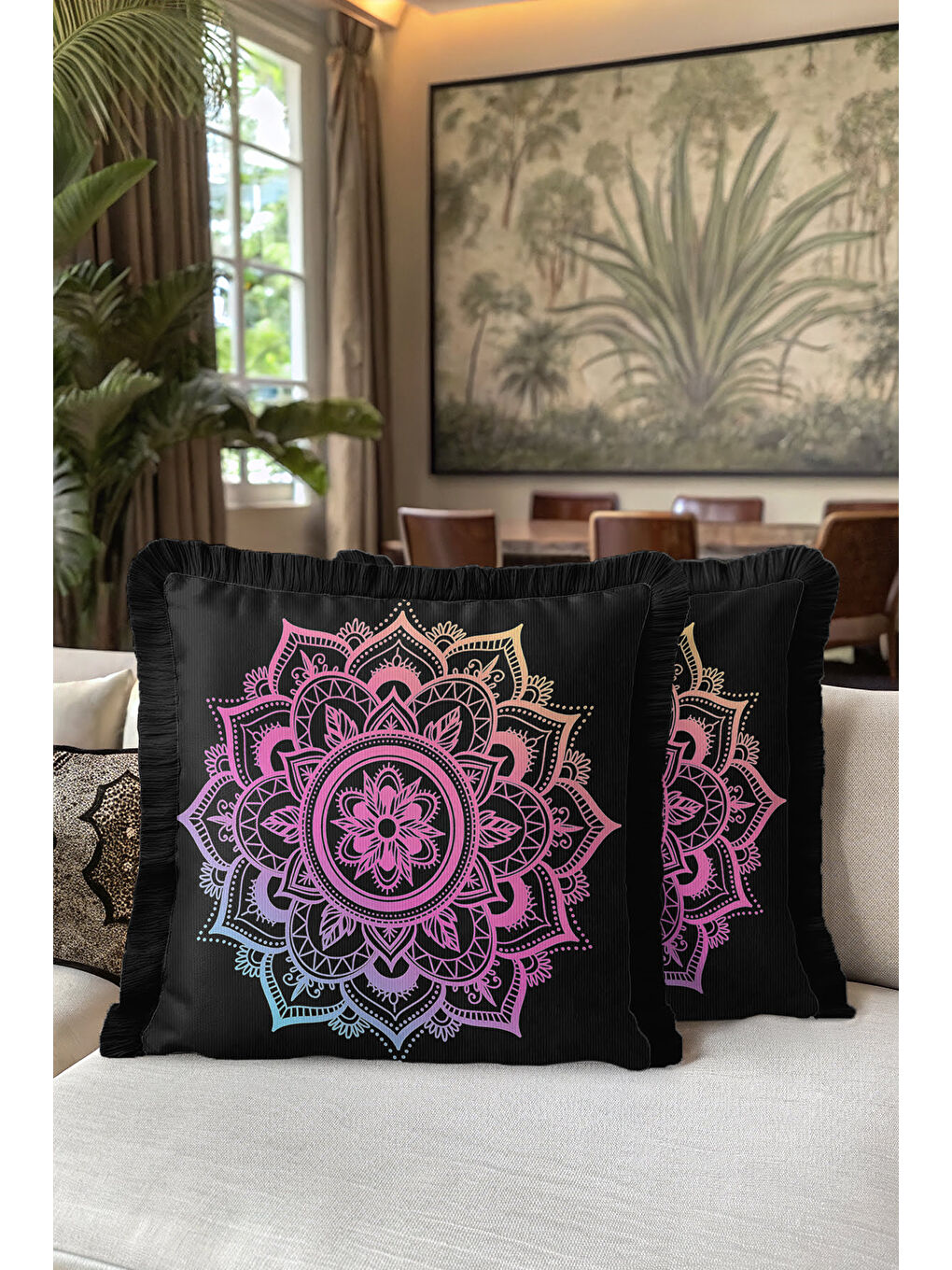 Karışık Mandala Saçaklı Yastık Kılıfı - Bohem Geçiş Renkli Siyah Püsküllü Kırlent Kılıfı-5