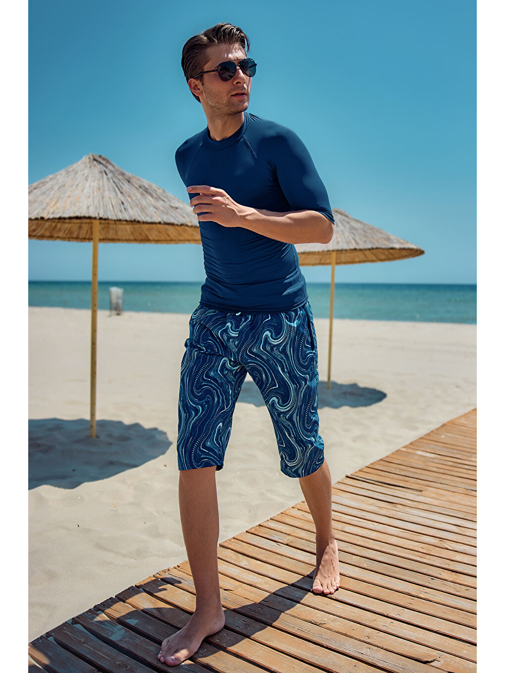 Erkek Havuz Deniz Uzun Kapri Şort Mayo RK006 Lacivert Rüzgar