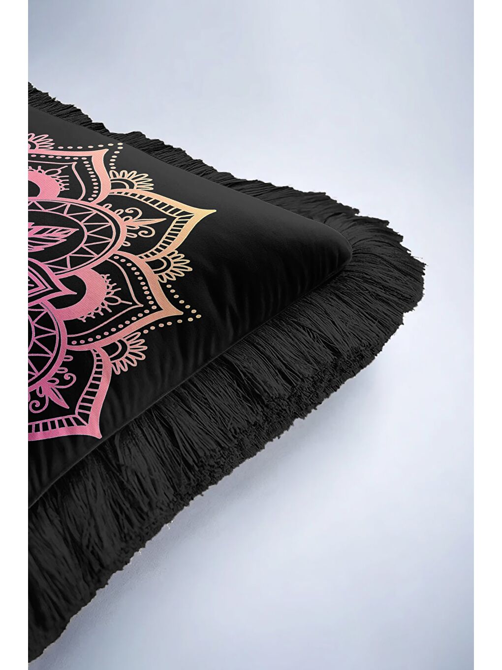 Karışık Mandala Saçaklı Yastık Kılıfı - Bohem Geçiş Renkli Siyah Püsküllü Kırlent Kılıfı-6