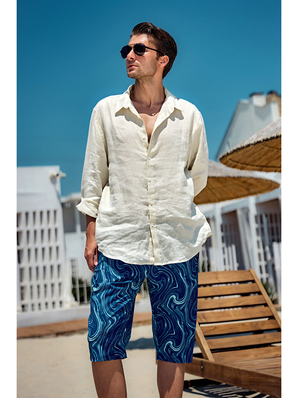 Erkek Havuz Deniz Uzun Kapri Şort Mayo RK006 Lacivert Rüzgar-1