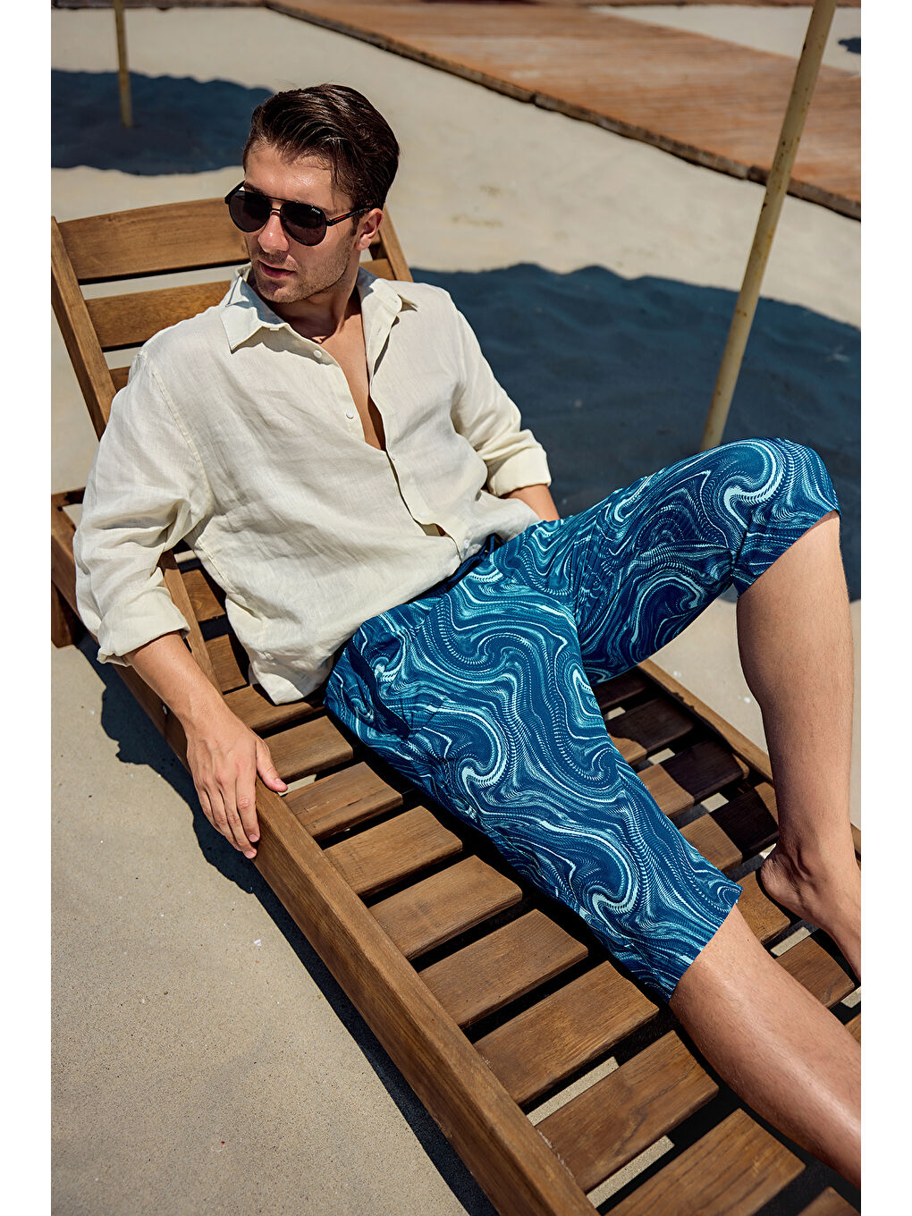 Erkek Havuz Deniz Uzun Kapri Şort Mayo RK006 Lacivert Rüzgar-2