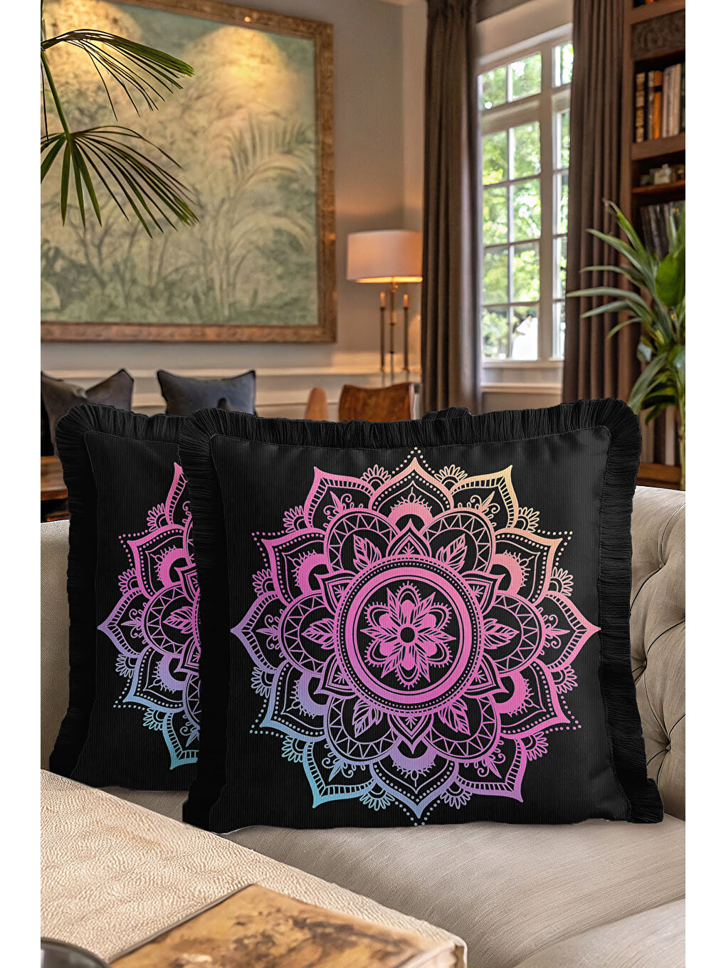 Karışık Mandala Saçaklı Yastık Kılıfı - Bohem Geçiş Renkli Siyah Püsküllü Kırlent Kılıfı-7