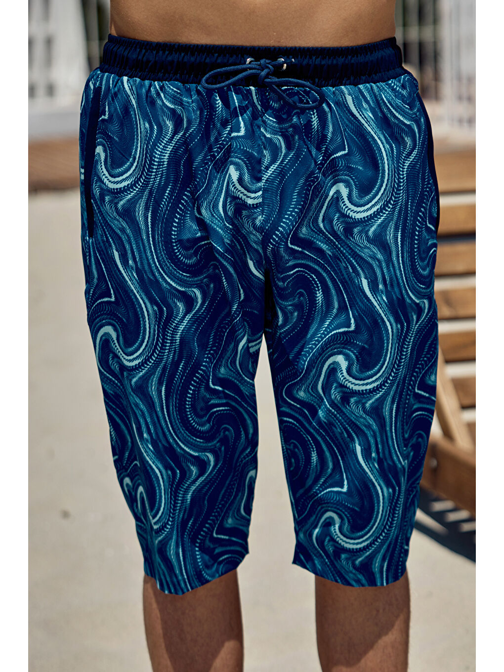 Erkek Havuz Deniz Uzun Kapri Şort Mayo RK006 Lacivert Rüzgar-4