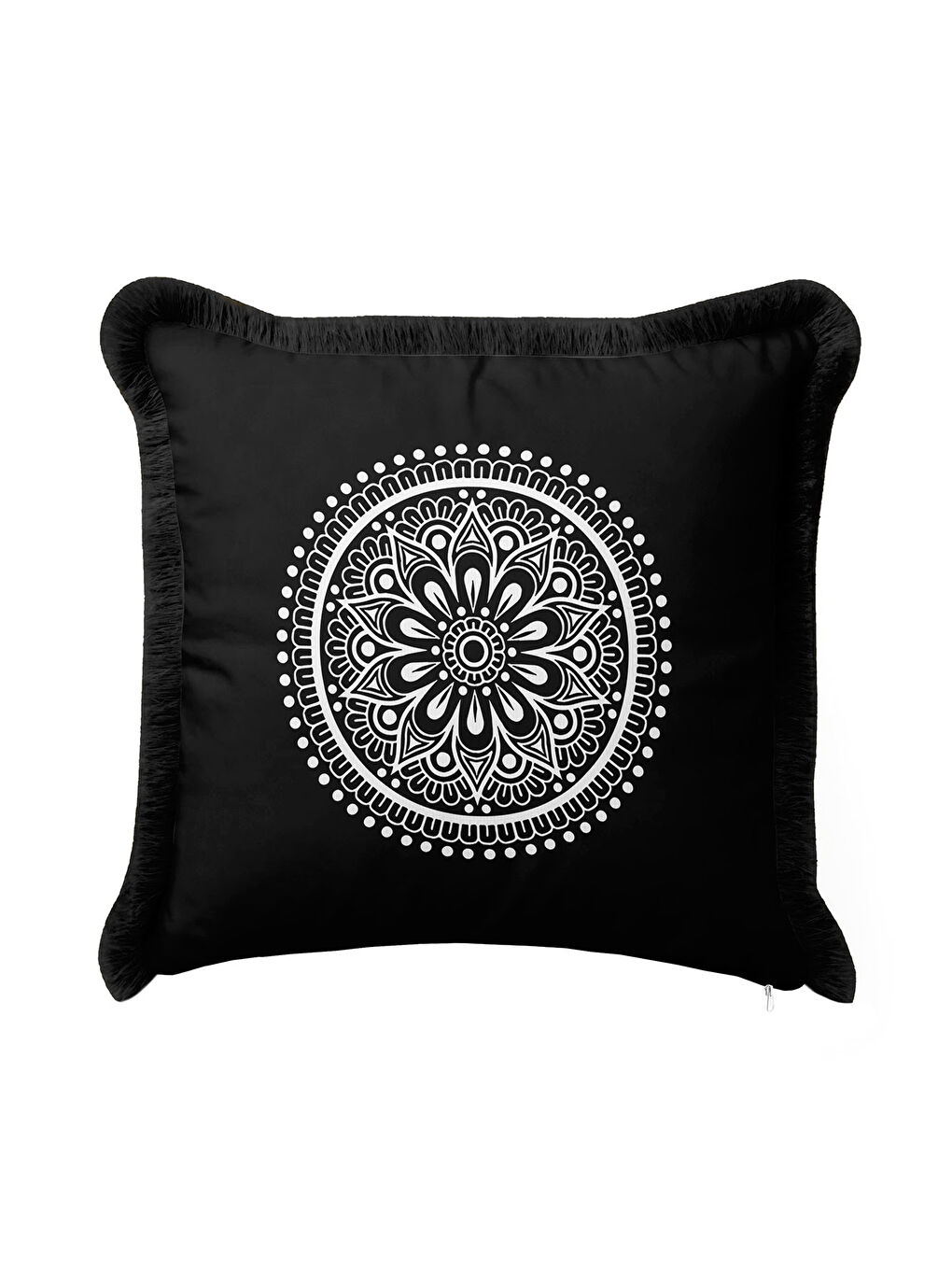 Karışık Mandala Motifli Saçaklı Yastık Kılıfı - Bohem Siyah Beyaz Püsküllü Kırlent Kılıfı