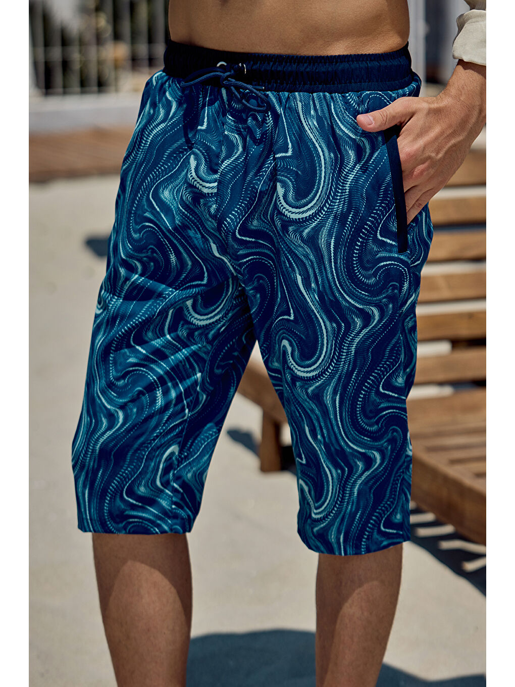 Erkek Havuz Deniz Uzun Kapri Şort Mayo RK006 Lacivert Rüzgar-5