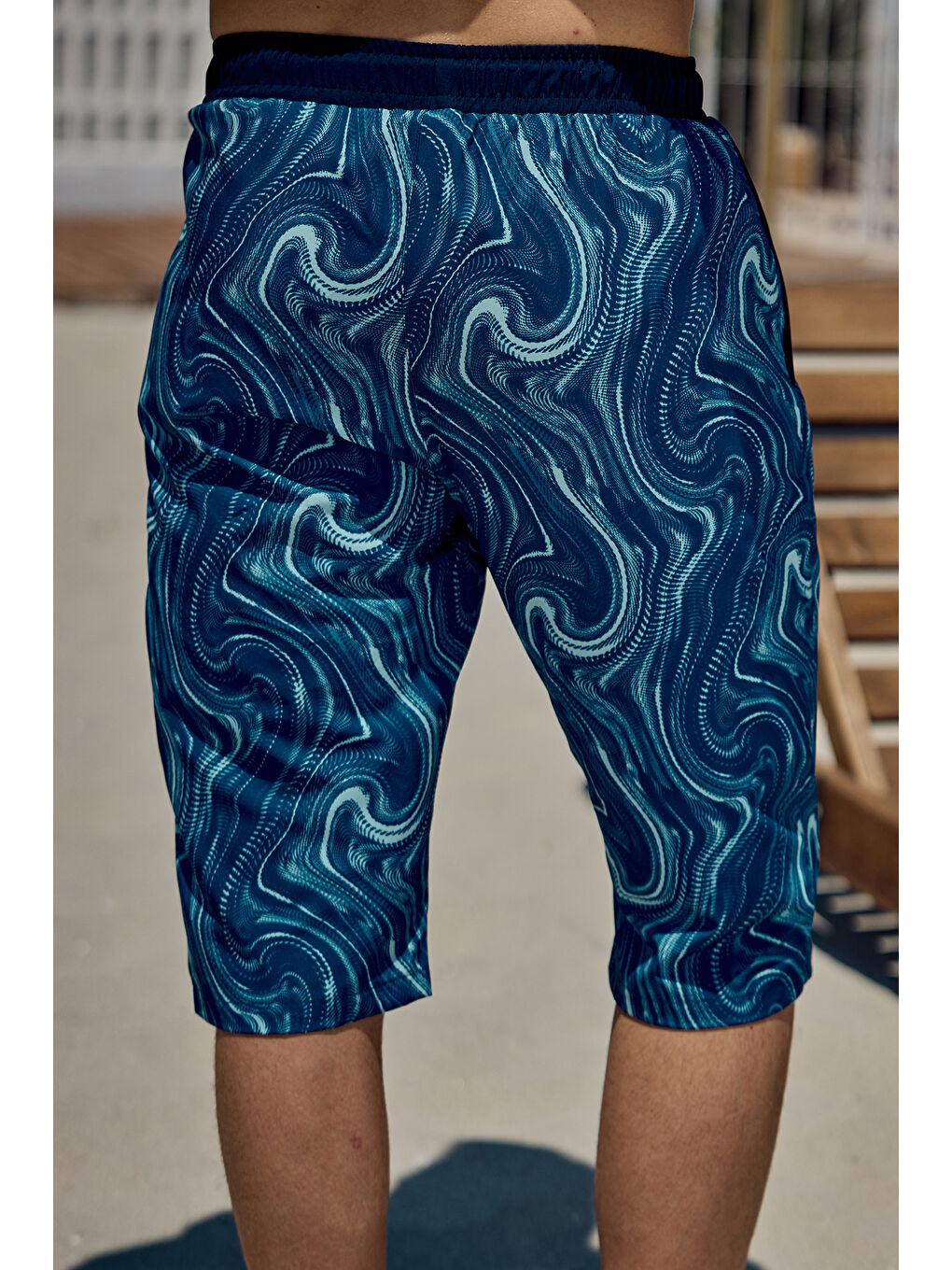 Erkek Havuz Deniz Uzun Kapri Şort Mayo RK006 Lacivert Rüzgar-6