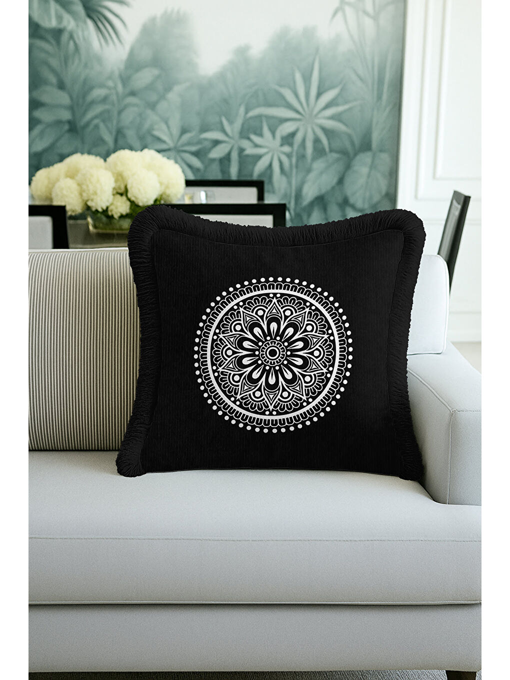 Karışık Mandala Motifli Saçaklı Yastık Kılıfı - Bohem Siyah Beyaz Püsküllü Kırlent Kılıfı-1
