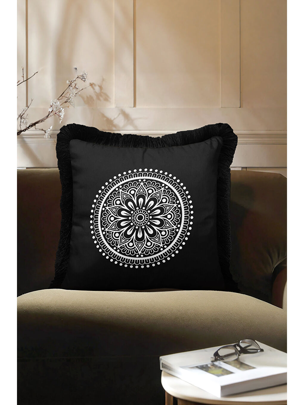 Karışık Mandala Motifli Saçaklı Yastık Kılıfı - Bohem Siyah Beyaz Püsküllü Kırlent Kılıfı-2