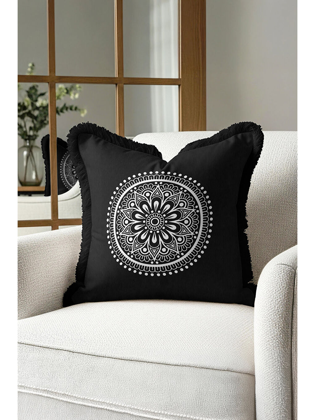Karışık Mandala Motifli Saçaklı Yastık Kılıfı - Bohem Siyah Beyaz Püsküllü Kırlent Kılıfı-3