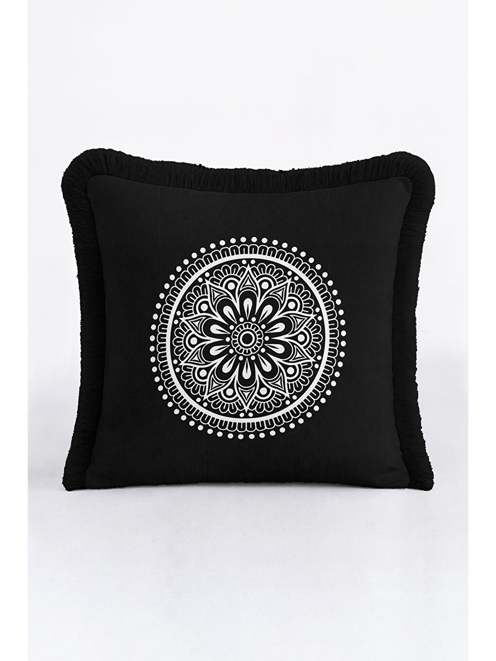 Karışık Mandala Motifli Saçaklı Yastık Kılıfı - Bohem Siyah Beyaz Püsküllü Kırlent Kılıfı-4