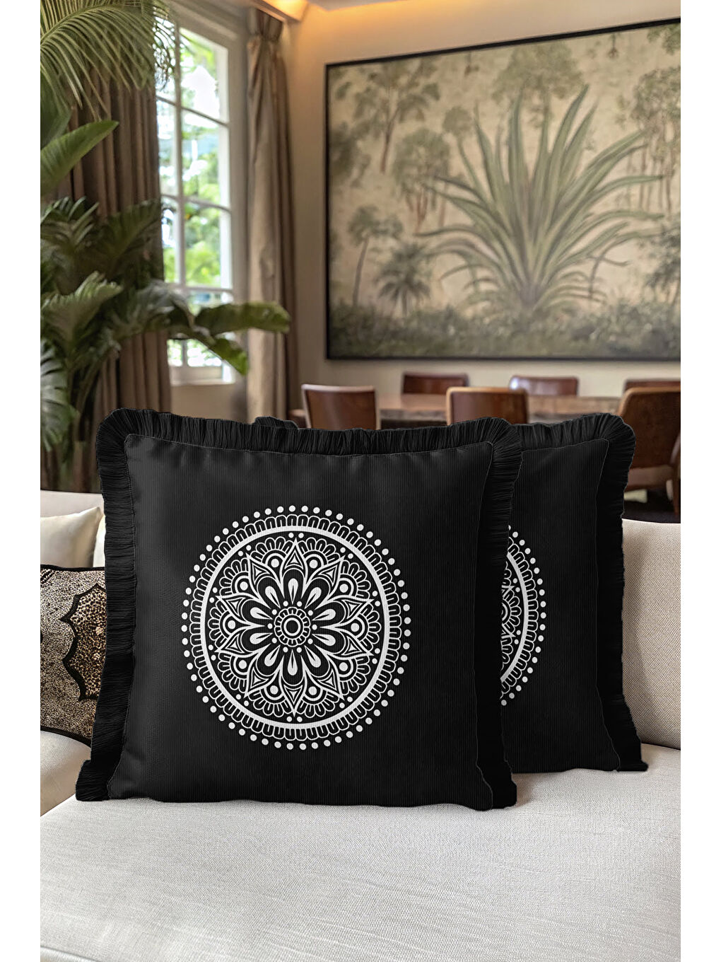 Karışık Mandala Motifli Saçaklı Yastık Kılıfı - Bohem Siyah Beyaz Püsküllü Kırlent Kılıfı-5