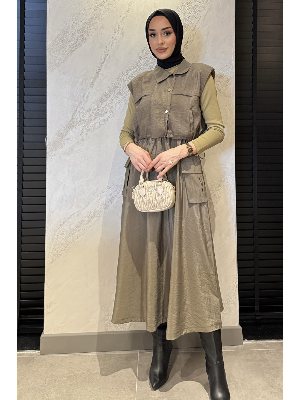 Haki Çıtçıtlı Kargo Cepli Paraşüt Kumaş Elbise Yelek Tesettür İkili Takım-1