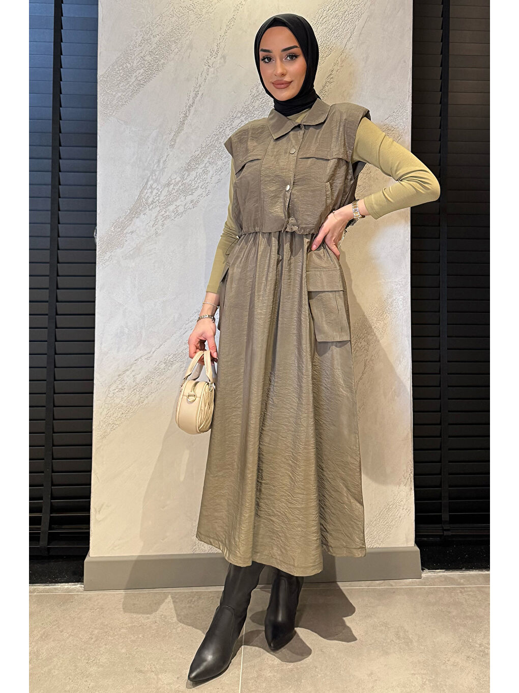 Haki Çıtçıtlı Kargo Cepli Paraşüt Kumaş Elbise Yelek Tesettür İkili Takım-2