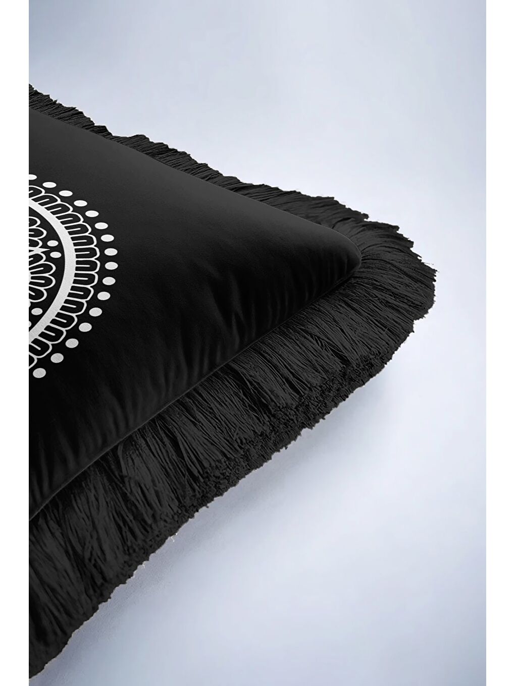 Karışık Mandala Motifli Saçaklı Yastık Kılıfı - Bohem Siyah Beyaz Püsküllü Kırlent Kılıfı-6