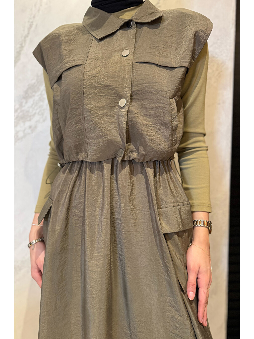 Haki Çıtçıtlı Kargo Cepli Paraşüt Kumaş Elbise Yelek Tesettür İkili Takım-5