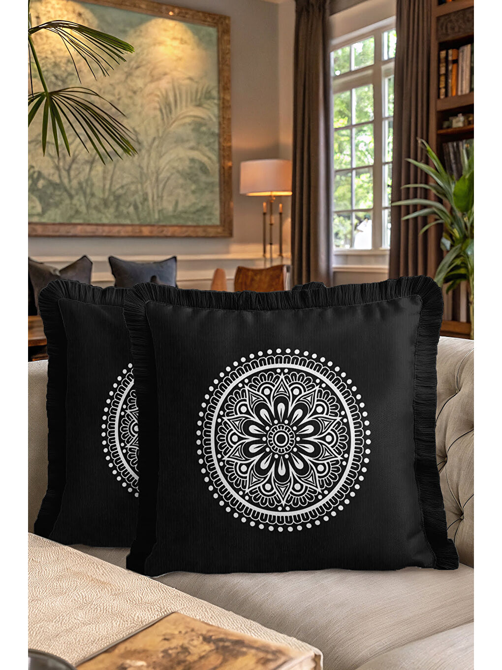 Karışık Mandala Motifli Saçaklı Yastık Kılıfı - Bohem Siyah Beyaz Püsküllü Kırlent Kılıfı-7