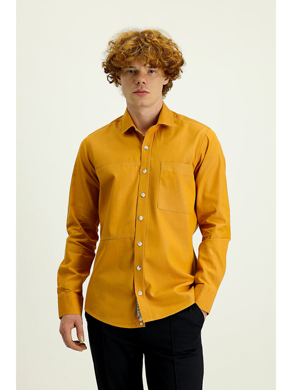 Sarı Uzun Kol Slim Fit Dar Kesim Denim Pamuk Gömlek-2