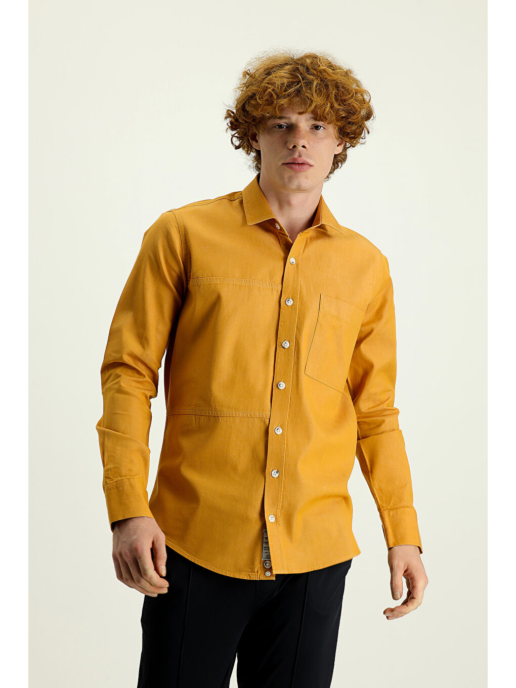 Sarı Uzun Kol Slim Fit Dar Kesim Denim Pamuk Gömlek-3