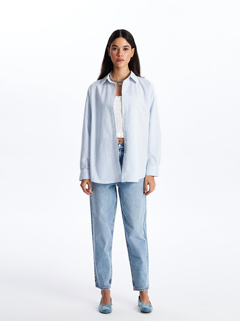 Beyaz Çizgili Oversize Gömlek Bg07-2