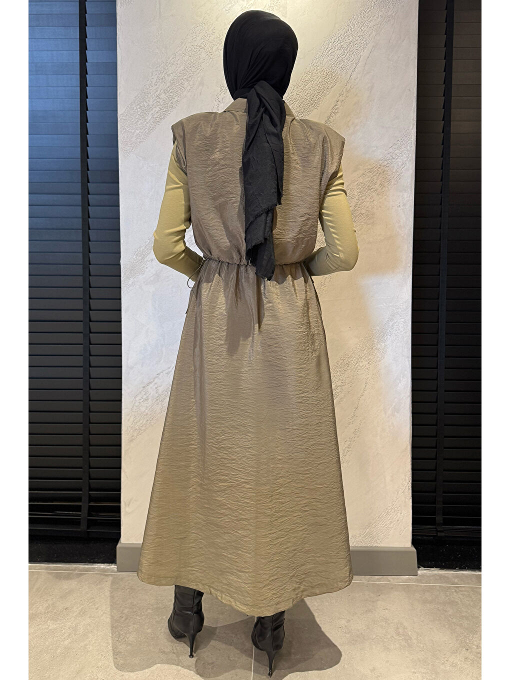 Haki Çıtçıtlı Kargo Cepli Paraşüt Kumaş Elbise Yelek Tesettür İkili Takım-7