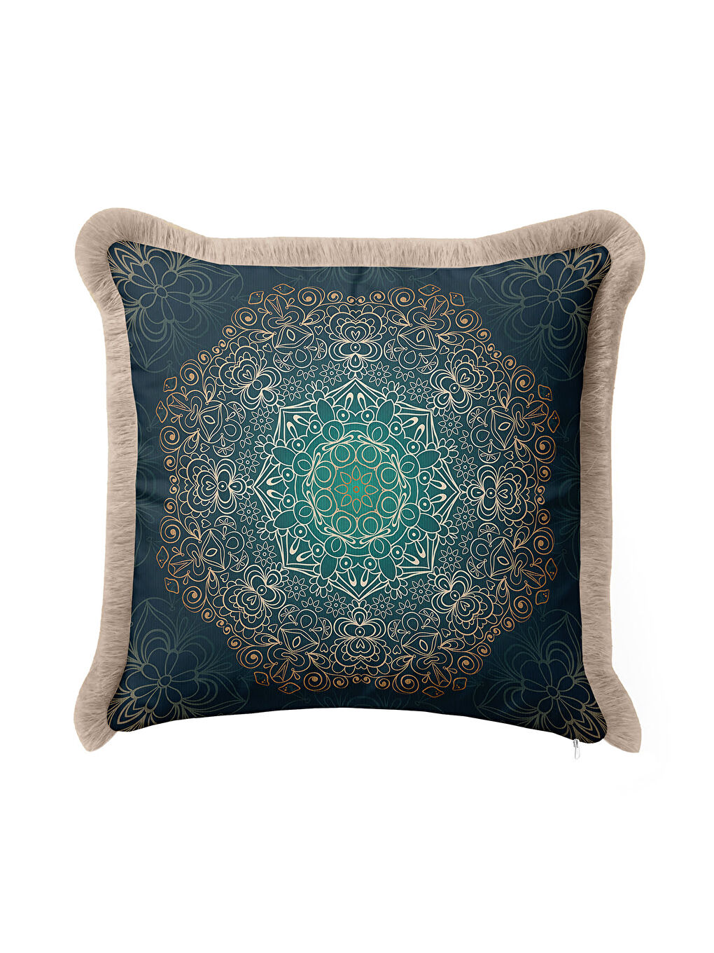 Karışık Mandala Motifli Saçaklı Yastık Kılıfı - Bohem Stil Zümrüt Yeşil Altın Renkli Püsküllü Kırlent Kılıfı-1