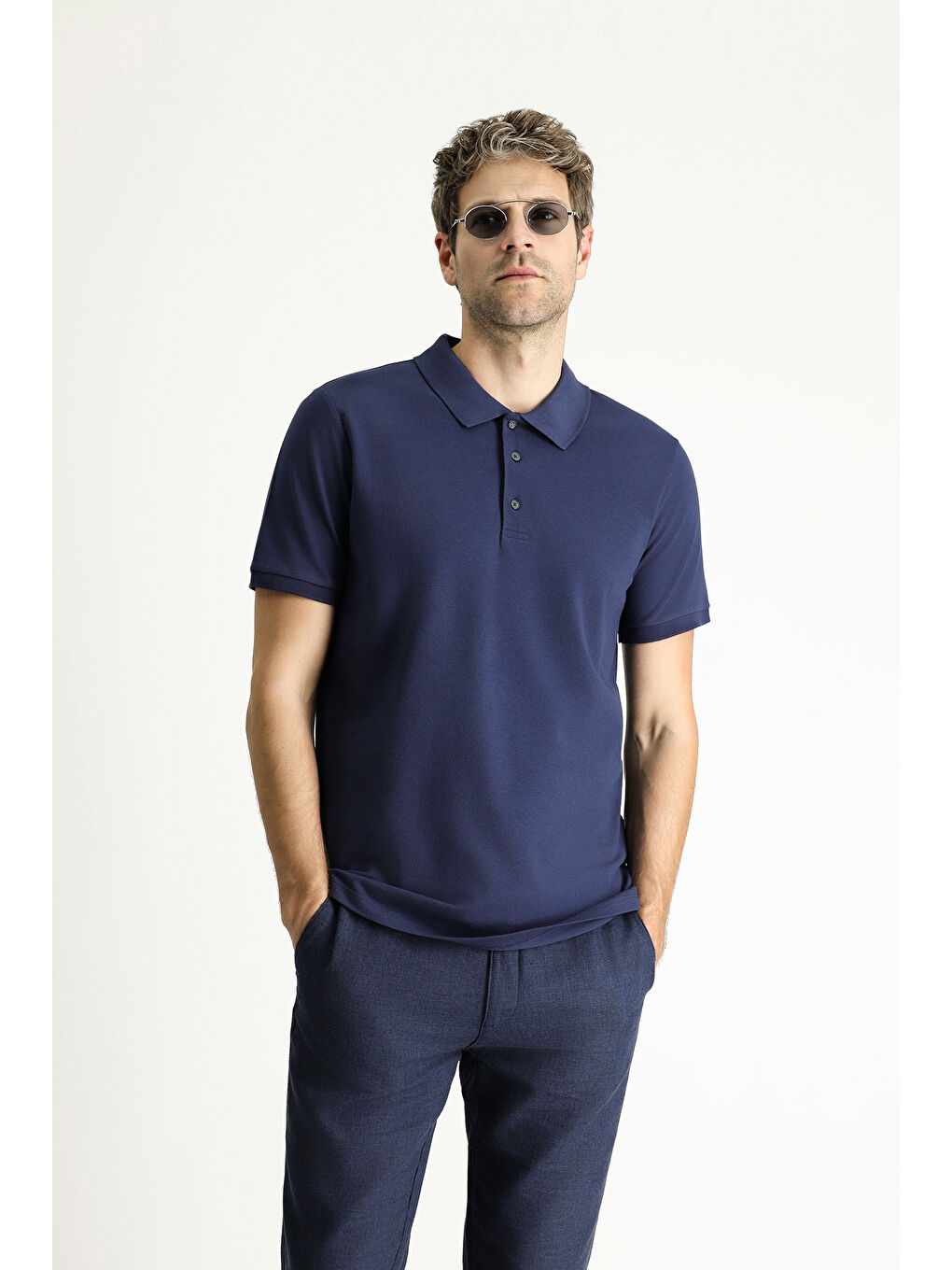 Lacivert Slim Fit Dar Kesim Nakışlı Pamuk Polo Yaka %100 Pamuk Tişört-2