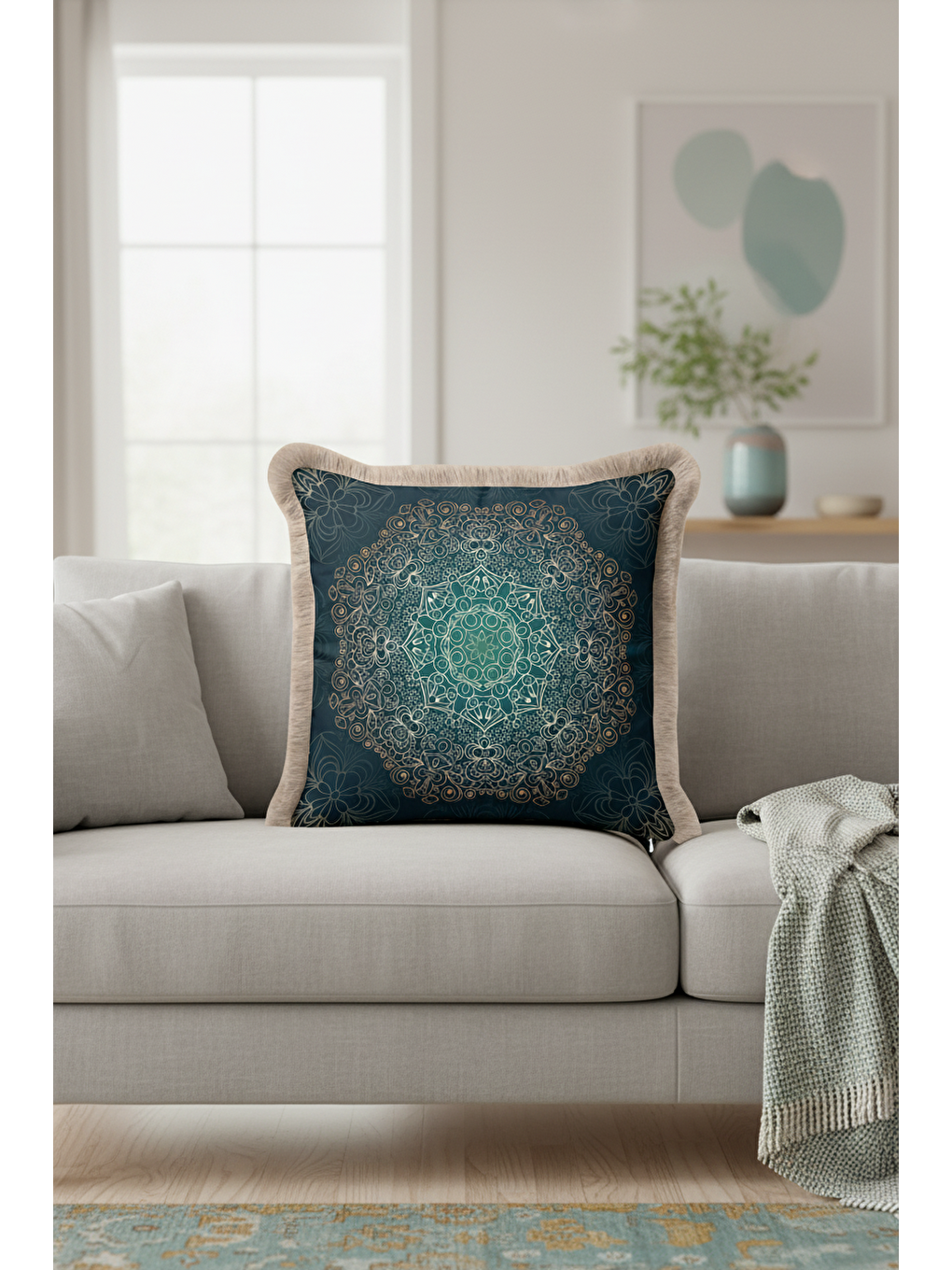 Karışık Mandala Motifli Saçaklı Yastık Kılıfı - Bohem Stil Zümrüt Yeşil Altın Renkli Püsküllü Kırlent Kılıfı-2