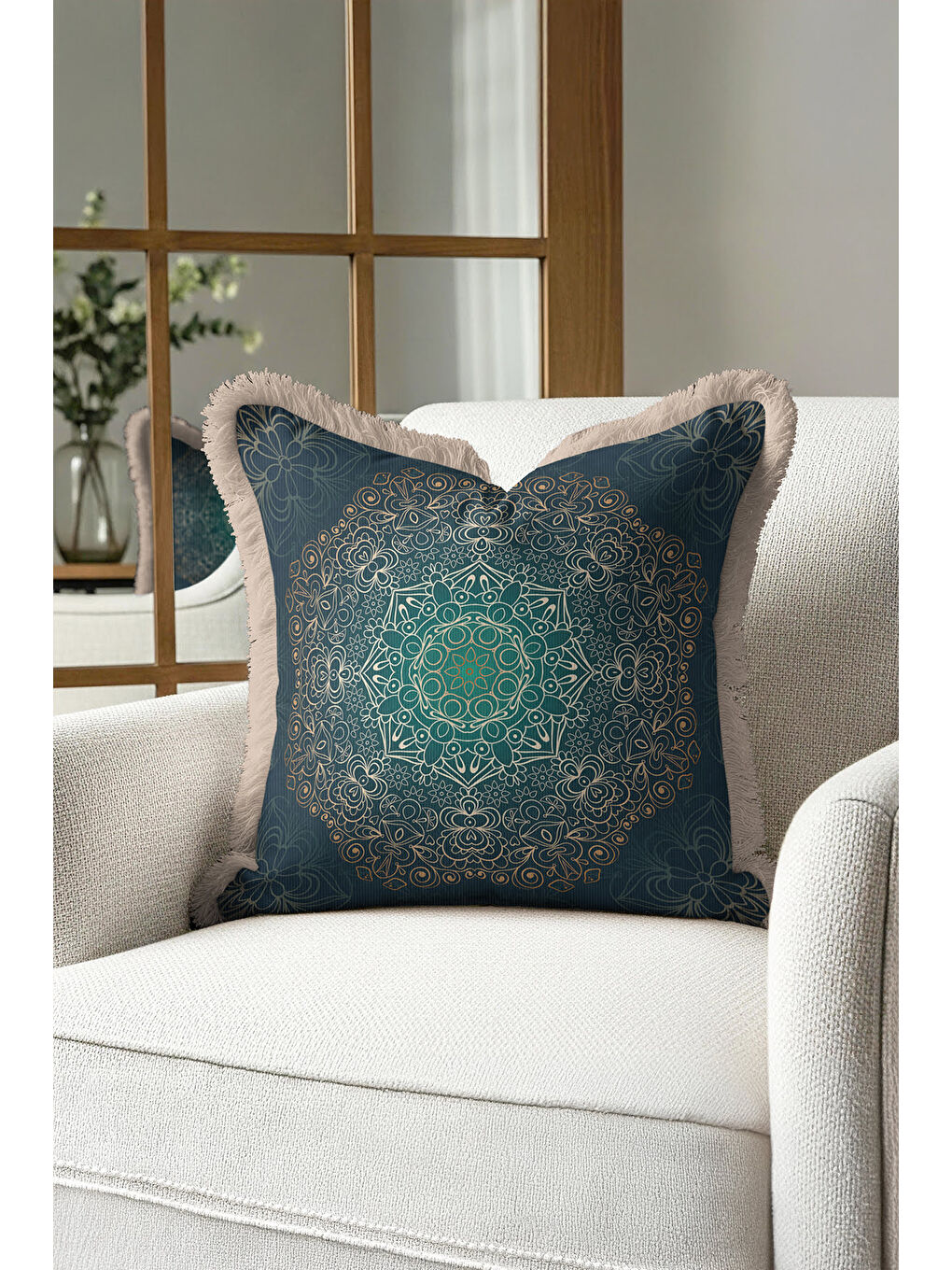 Karışık Mandala Motifli Saçaklı Yastık Kılıfı - Bohem Stil Zümrüt Yeşil Altın Renkli Püsküllü Kırlent Kılıfı-3