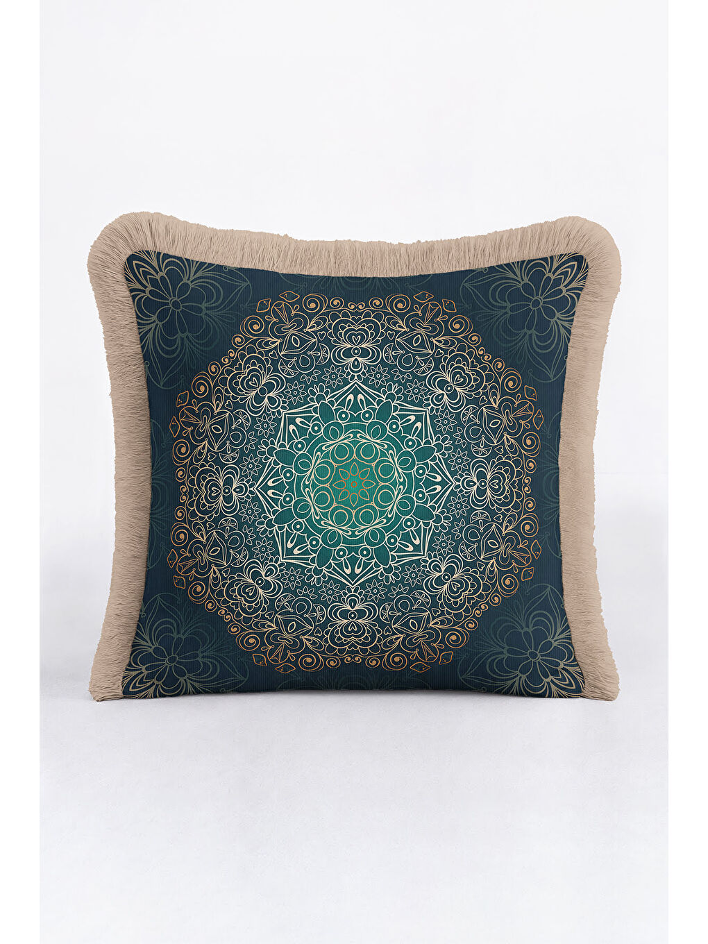 Karışık Mandala Motifli Saçaklı Yastık Kılıfı - Bohem Stil Zümrüt Yeşil Altın Renkli Püsküllü Kırlent Kılıfı-4