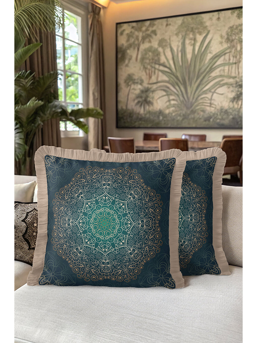 Karışık Mandala Motifli Saçaklı Yastık Kılıfı - Bohem Stil Zümrüt Yeşil Altın Renkli Püsküllü Kırlent Kılıfı-5