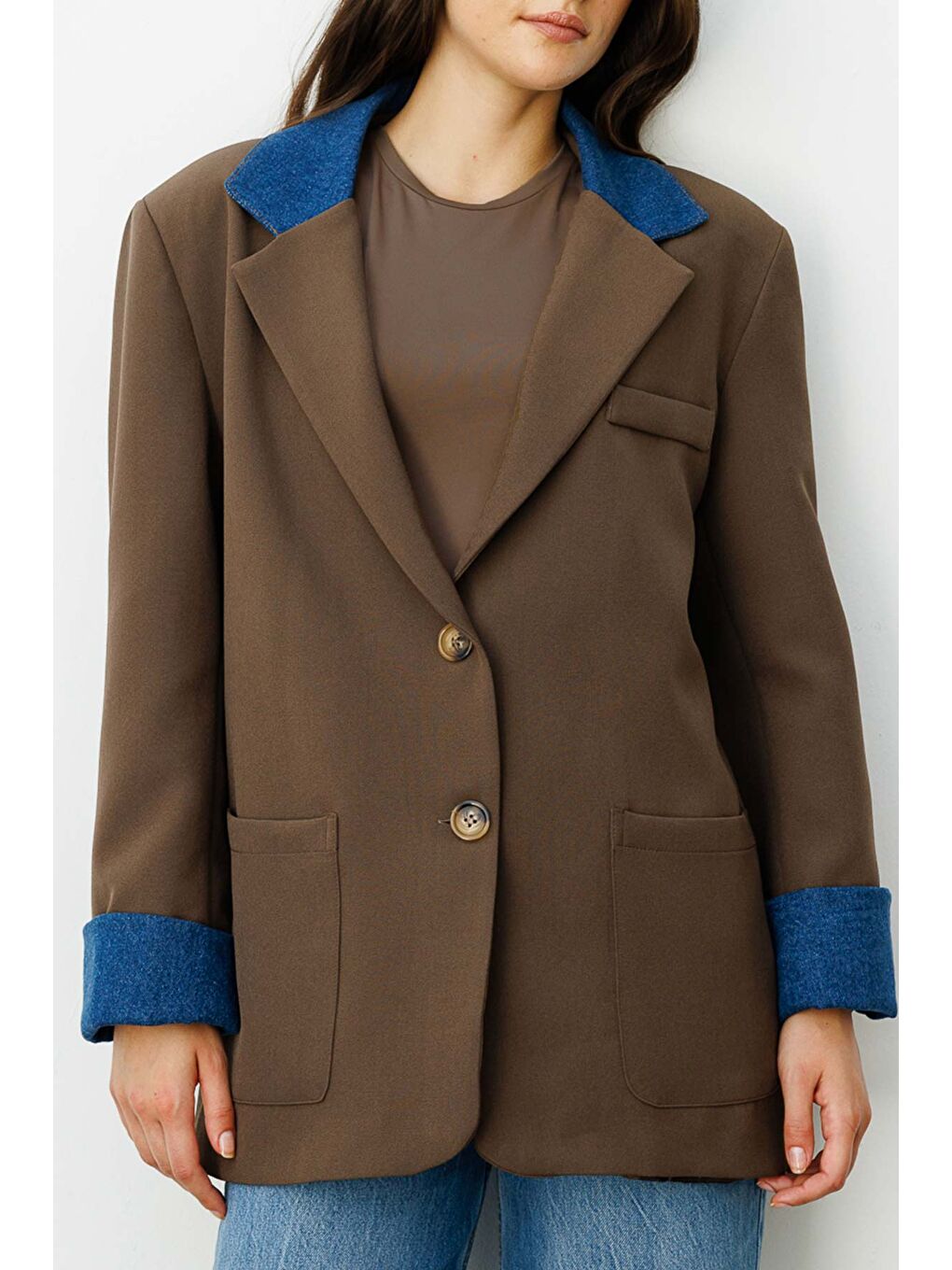 Jean Garni Detaylı Blazer Koyu Haki Ceket-4