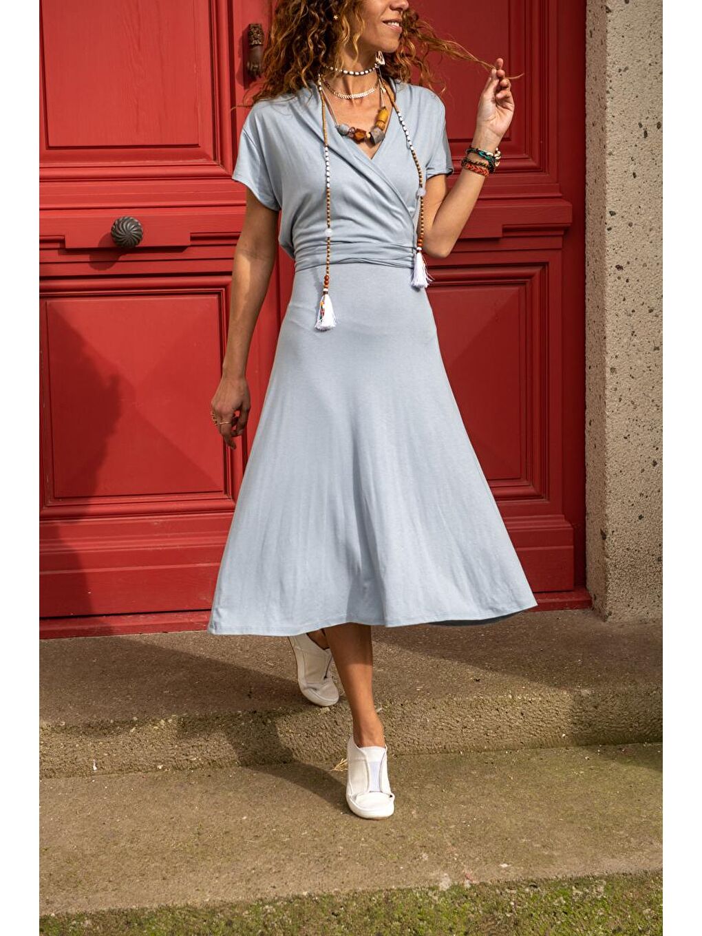 Kadın Buz Mavi Kruvaze Kiloş Elbise GK-LD302