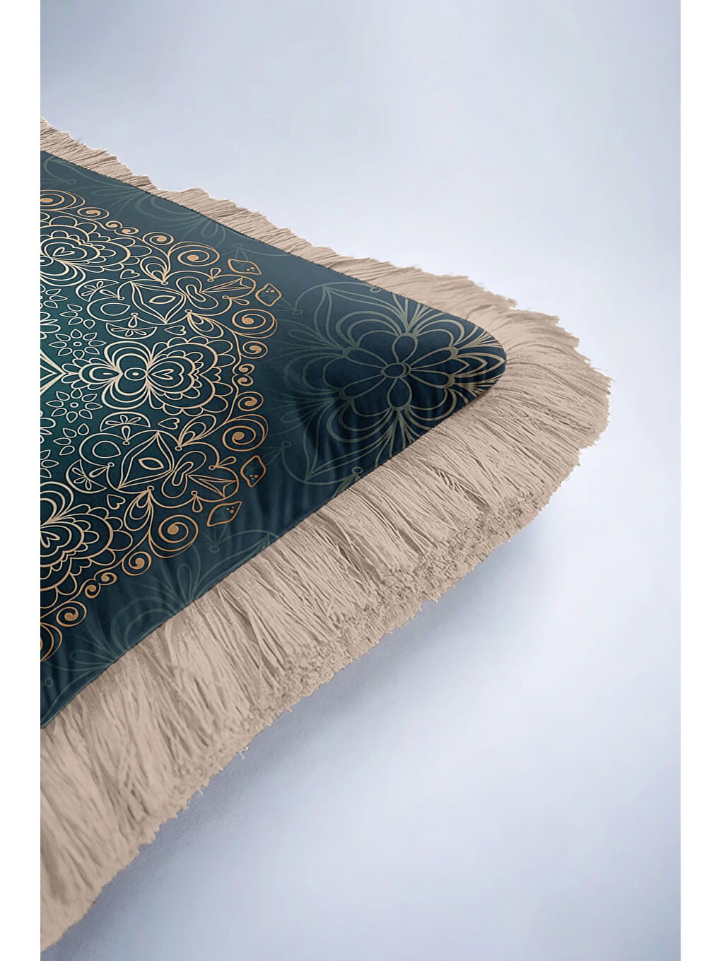 Karışık Mandala Motifli Saçaklı Yastık Kılıfı - Bohem Stil Zümrüt Yeşil Altın Renkli Püsküllü Kırlent Kılıfı-6