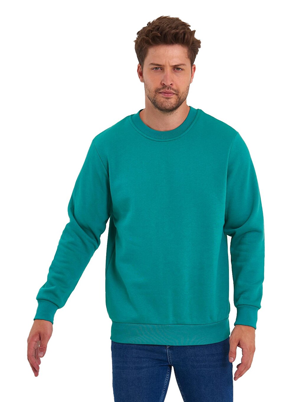 Yeşil 3 İplik Şardonlu Bisiklet Yaka Erkek Sweatshirt