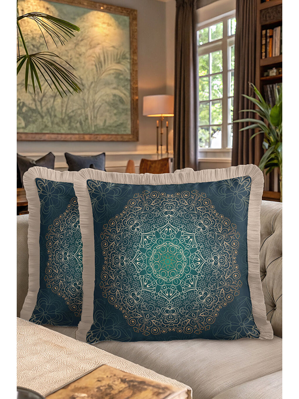 Karışık Mandala Motifli Saçaklı Yastık Kılıfı - Bohem Stil Zümrüt Yeşil Altın Renkli Püsküllü Kırlent Kılıfı-7