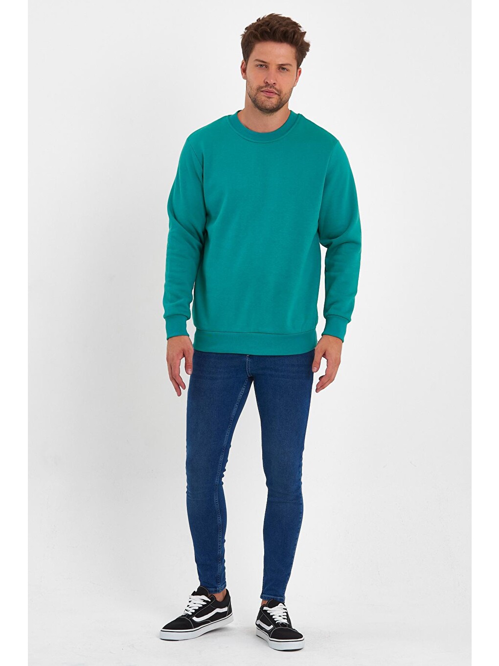 Yeşil 3 İplik Şardonlu Bisiklet Yaka Erkek Sweatshirt-1