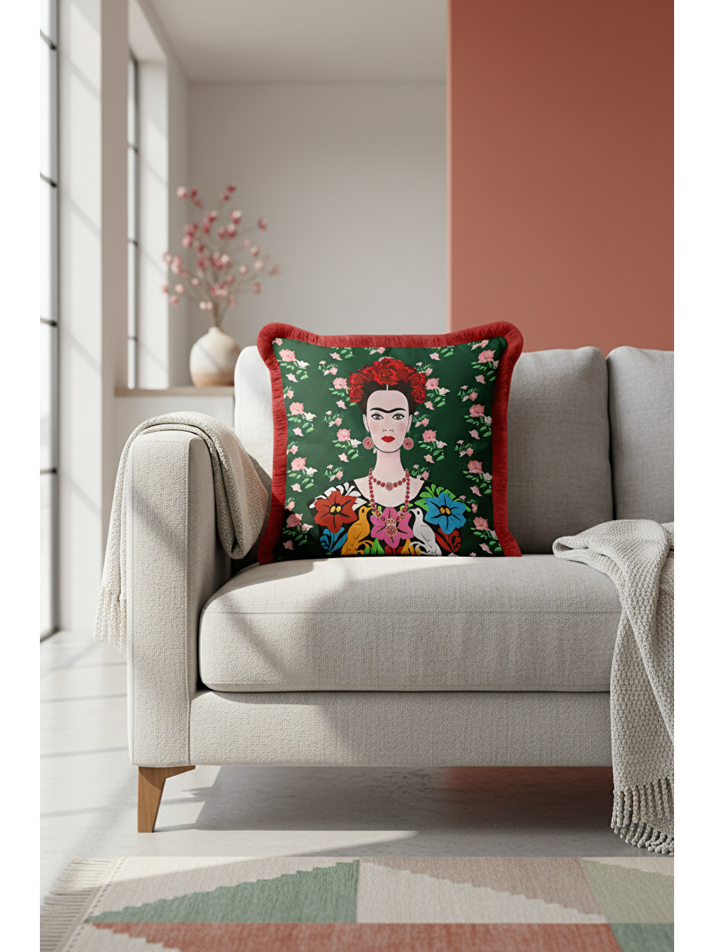 Karışık Sanatsal Portre Saçaklı Yastık Kılıfı - Çiçekli Bohem Yeşil Kırmızı Püsküllü Kırlent Kılıfı-1
