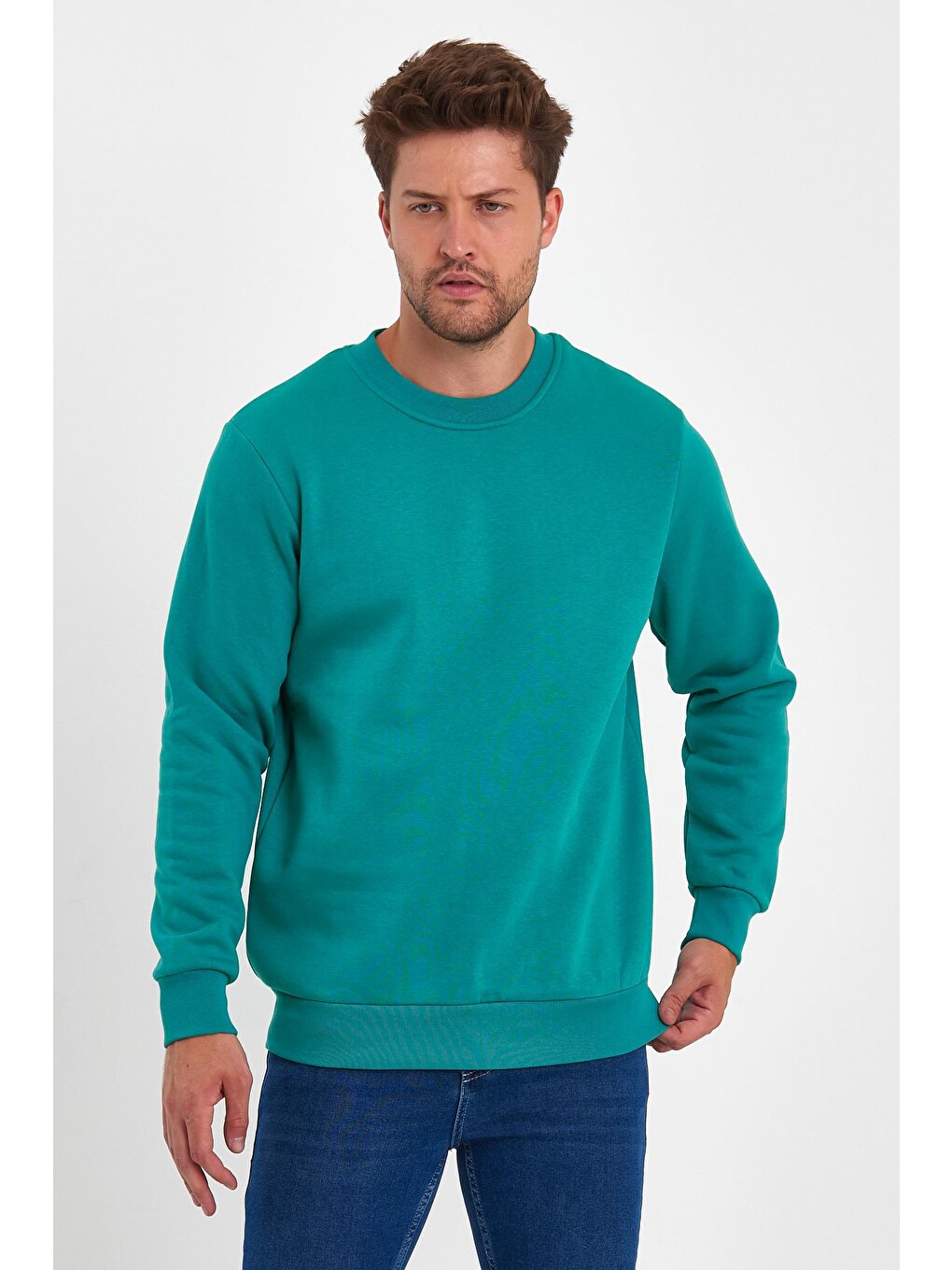 Yeşil 3 İplik Şardonlu Bisiklet Yaka Erkek Sweatshirt-2