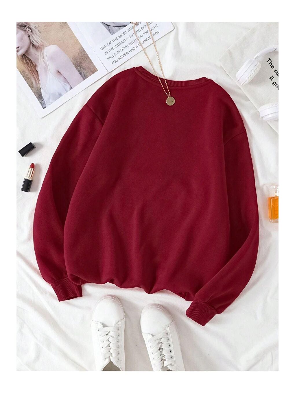 Kadın Bordo Düz Bisiklet Yaka Sweatshirt-1